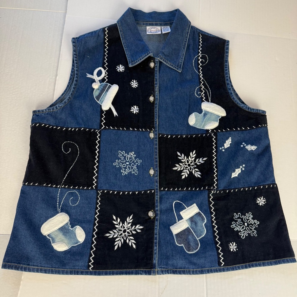 Carolina Blues Womens Plus 18/20 Denim Patchwork Winter Snowflake Vest Blue